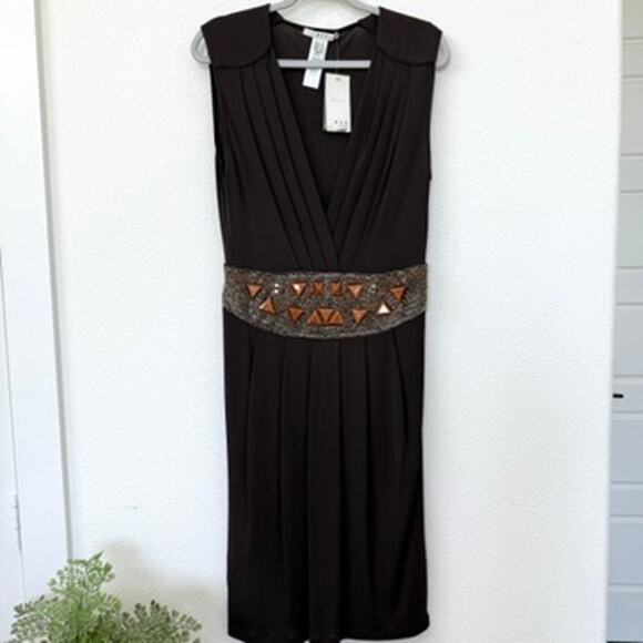 MNG Mango ZSD Delphine Brown Beaded Waist V-Neck Cocktail Dress NWT L - Picture 1 of 8